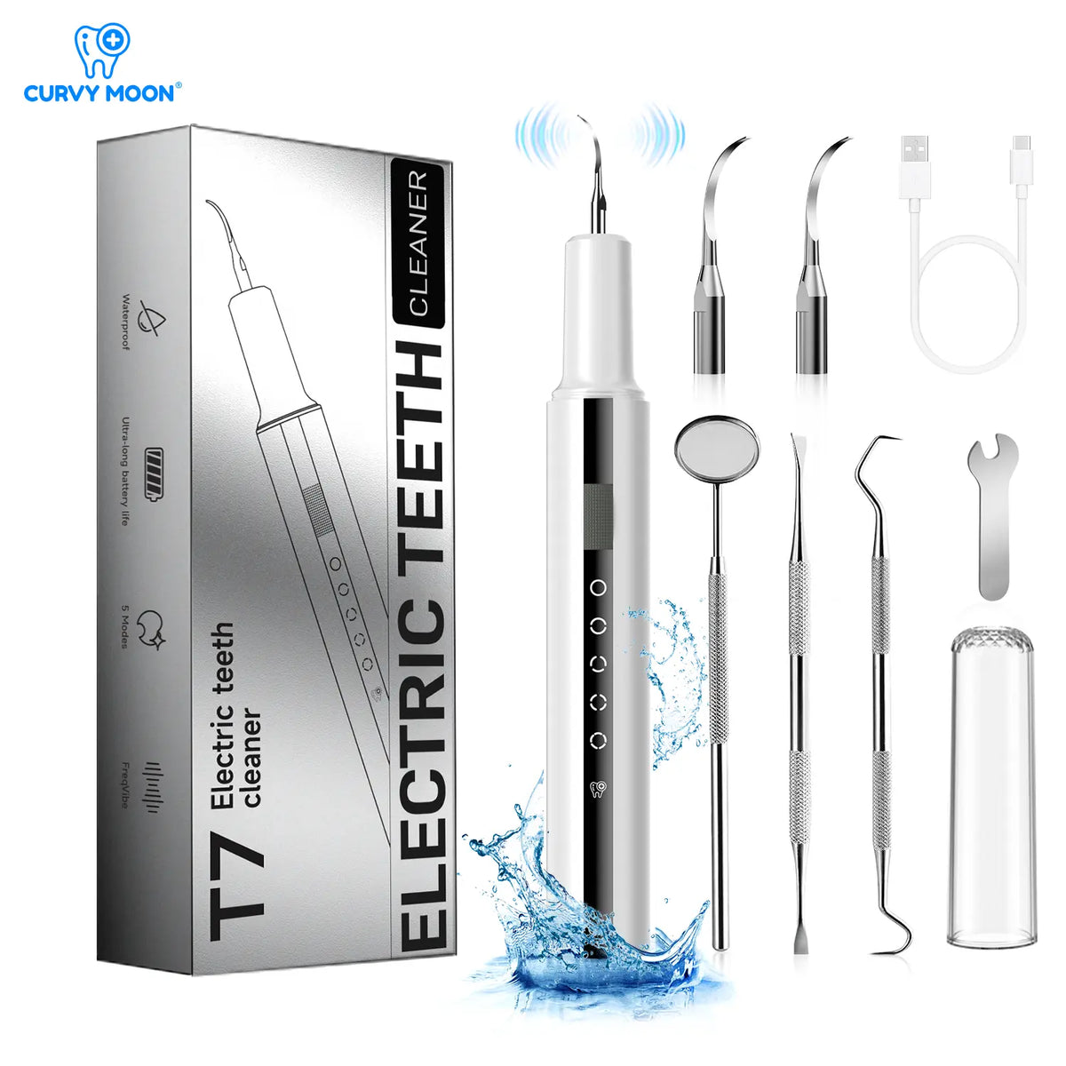 Cordless Teeth Cleaner Plaque Remover - Rechargeable Electronic Toothbrushes Teeth Cleaning Machine, 5 Modes, 4 Heads, USB-C UV Light, IPX6 Waterproof, 3H Charge, 90-Day Battery, LED Light, Adjustable for Home/Travel