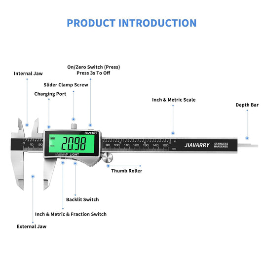 Digital Caliper, Rechargeable Calipers Measuring Tool with Large LCD Backlight Screen, 6 Inch Stainless Steel Vernier Micrometer, Auto-Off, Easy Switch from Inch Metric Fraction for DIY/Household