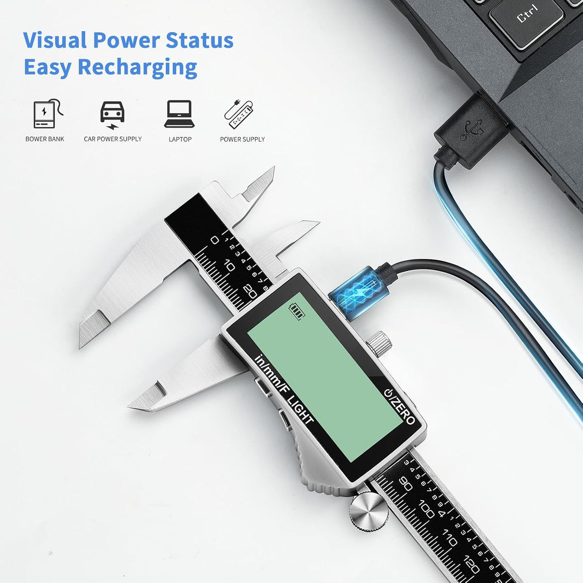Digital Caliper, Rechargeable Calipers Measuring Tool with Large LCD Backlight Screen, 6 Inch Stainless Steel Vernier Micrometer, Auto-Off, Easy Switch from Inch Metric Fraction for DIY/Household