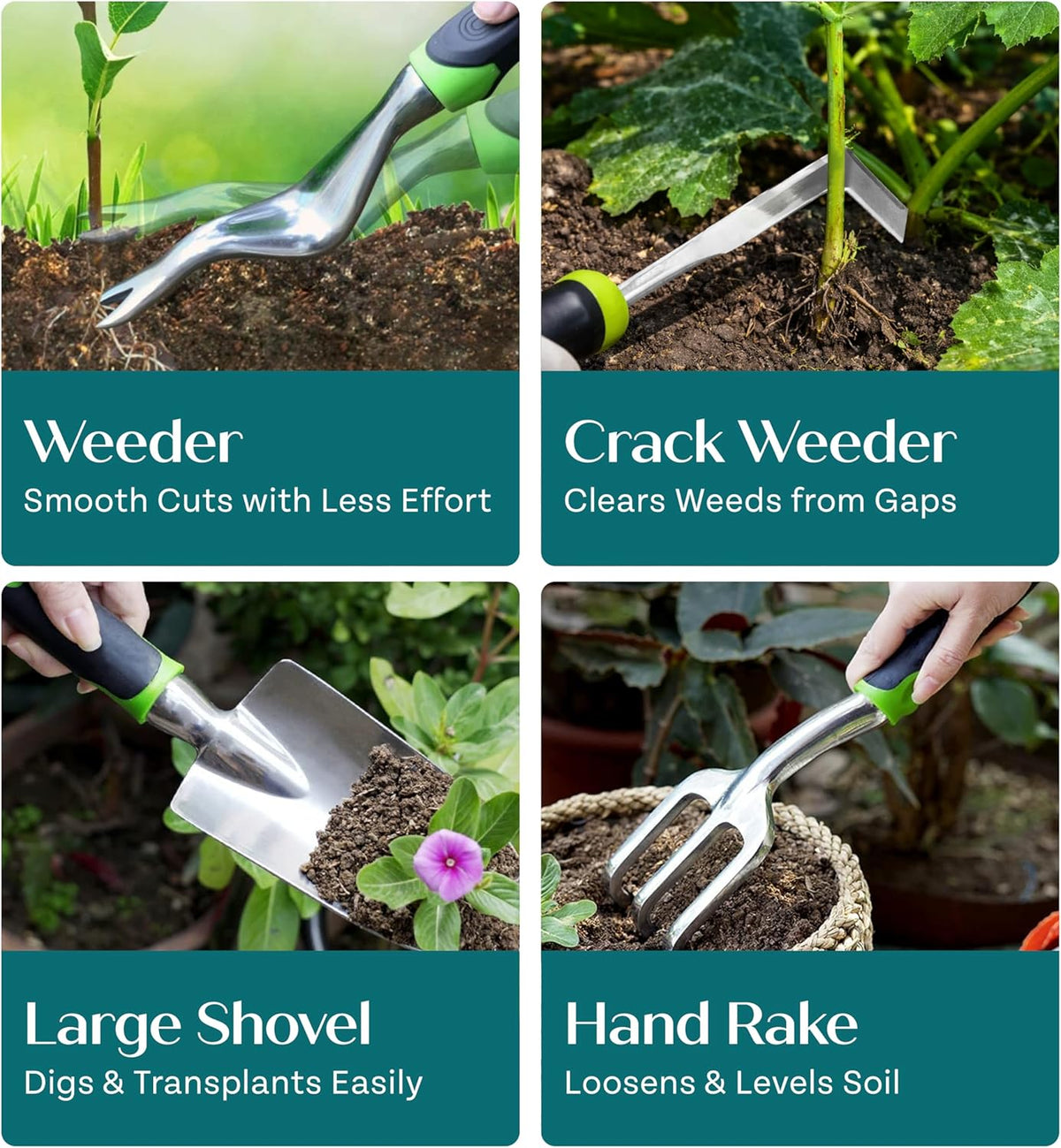 Heavy Duty Gardening Tools - Gardening Gifts for Women, Men, Mom, Dad - Durable, Ergonomic Garden Tools Set (Green)