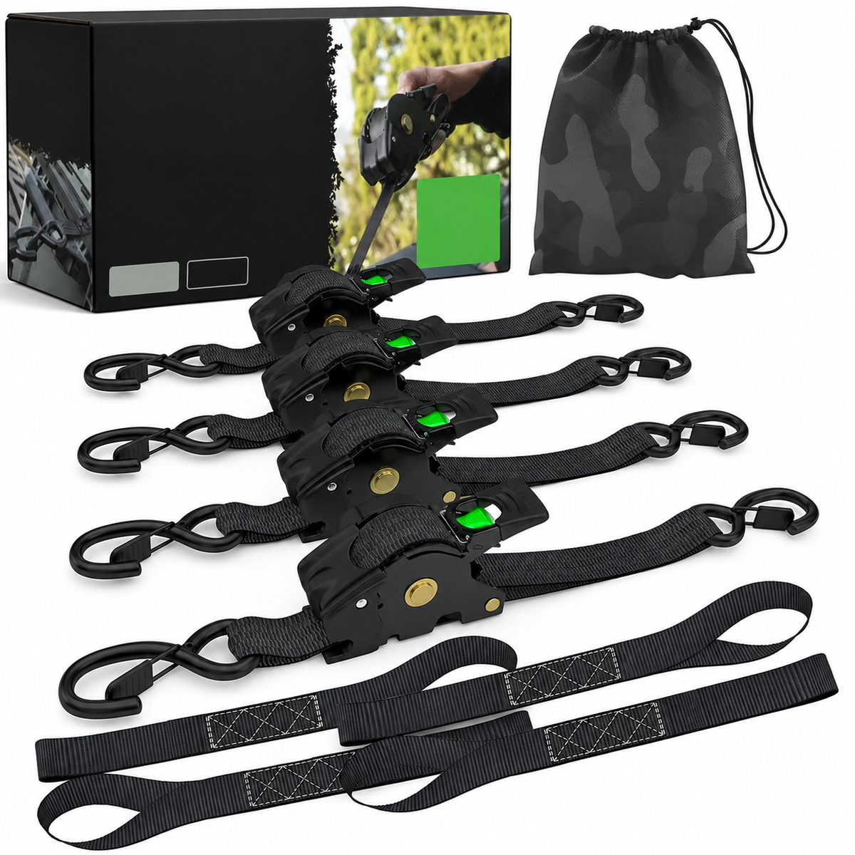 USA 1" x 10' Retractable Ratchet Straps (select 2 pack or 4 pack) - Medium Duty Self Retracting Tie Down Straps for Truck, Cargo Trailer