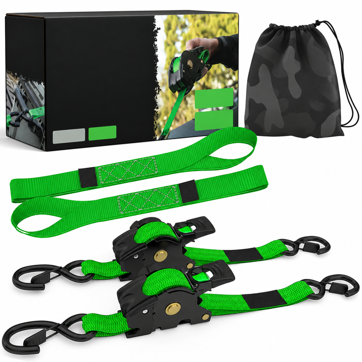 USA 1" x 10' Retractable Ratchet Straps (select 2 pack or 4 pack) - Medium Duty Self Retracting Tie Down Straps for Truck, Cargo Trailer