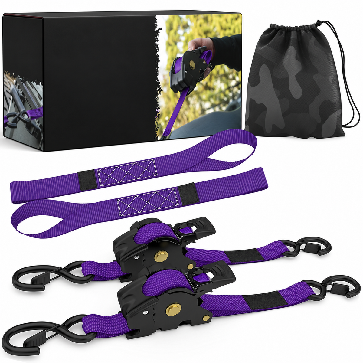 USA 1" x 10' Retractable Ratchet Straps (select 2 pack or 4 pack) - Medium Duty Self Retracting Tie Down Straps for Truck, Cargo Trailer