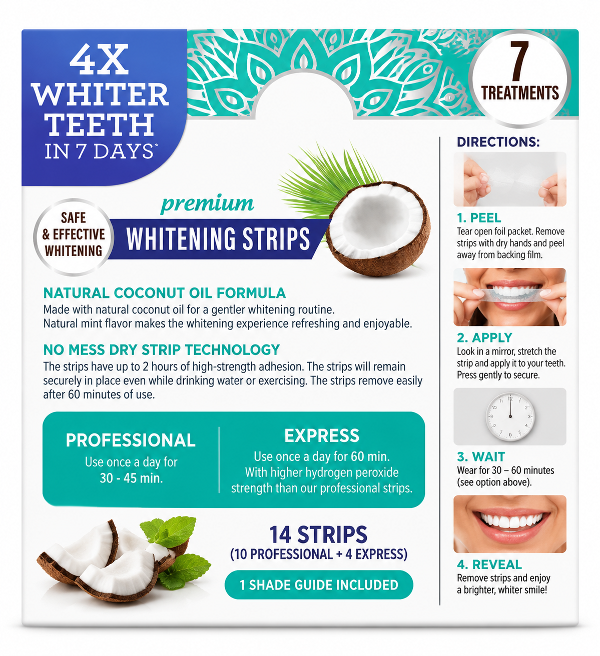 Whitening Strips, 7-day treatment (7 Packets - 2 Strips per pack) - Non-Slip, Dry Strip Technology
