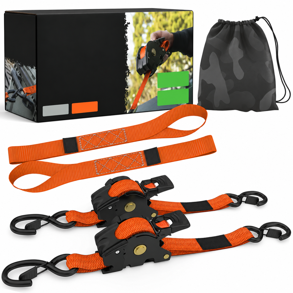 USA 1" x 10' Retractable Ratchet Straps (select 2 pack or 4 pack) - Medium Duty Self Retracting Tie Down Straps for Truck, Cargo Trailer