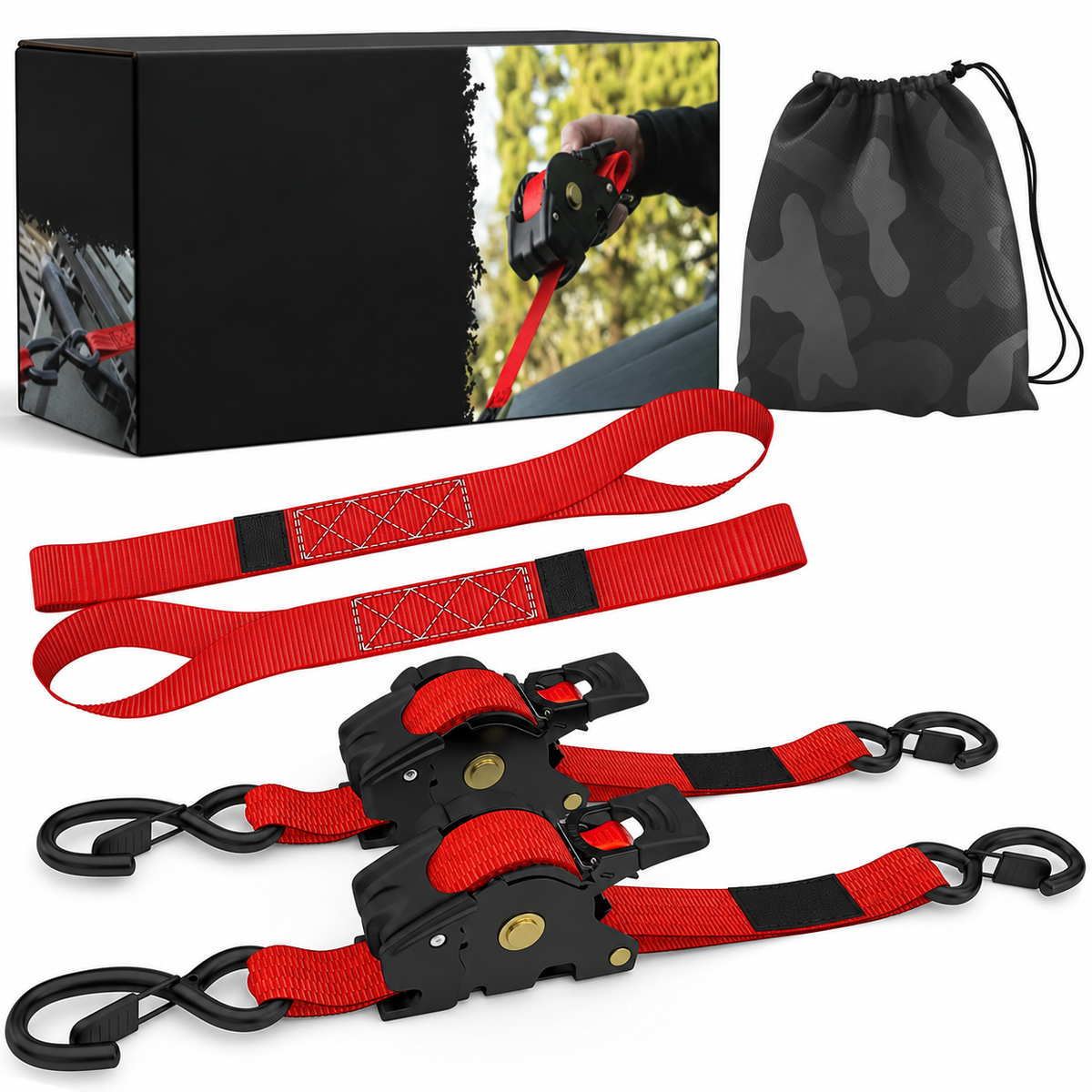 USA 1" x 10' Retractable Ratchet Straps (select 2 pack or 4 pack) - Medium Duty Self Retracting Tie Down Straps for Truck, Cargo Trailer