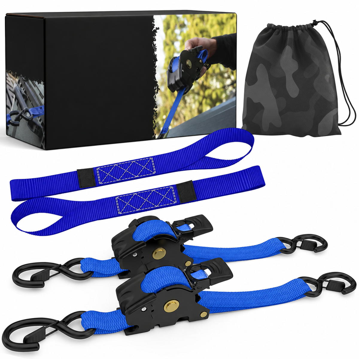 USA 1" x 10' Retractable Ratchet Straps (select 2 pack or 4 pack) - Medium Duty Self Retracting Tie Down Straps for Truck, Cargo Trailer