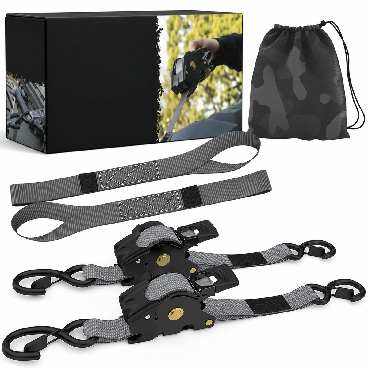 USA 1" x 10' Retractable Ratchet Straps (select 2 pack or 4 pack) - Medium Duty Self Retracting Tie Down Straps for Truck, Cargo Trailer